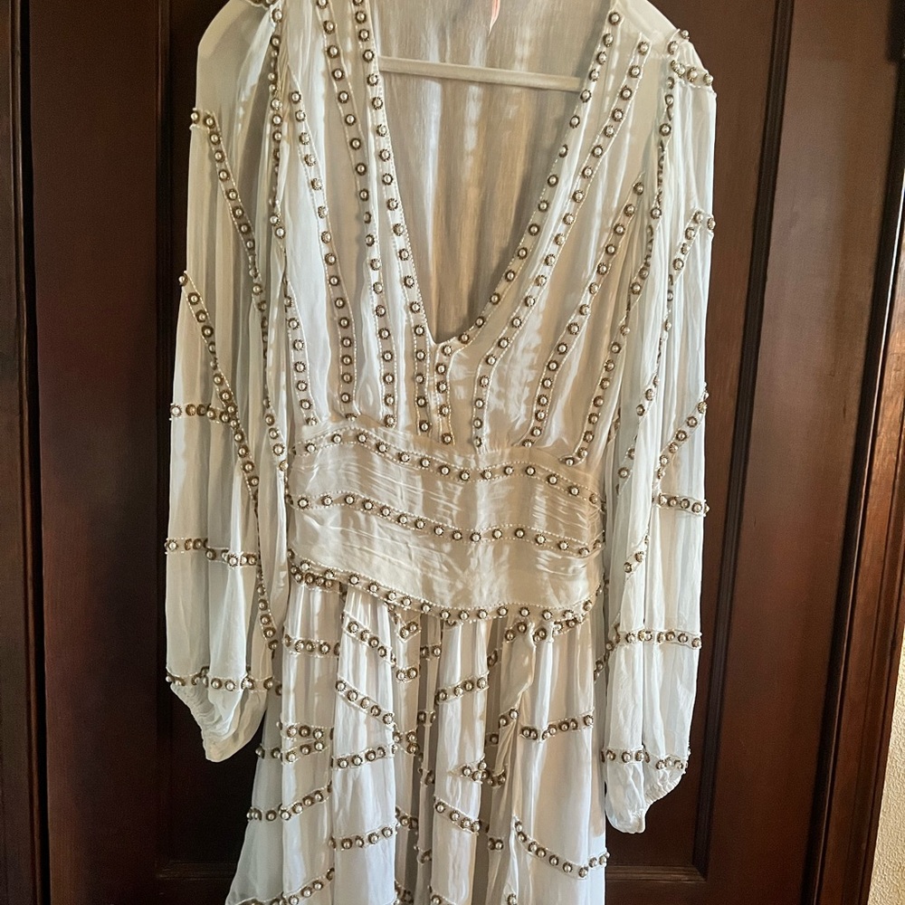 Free People White Long Sleeve Dress with Gold Accents